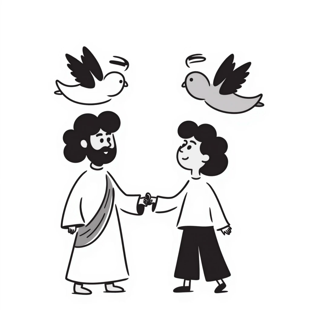 hand drawn cutesy tiny Jesus and a person, with an angel nearby emoji