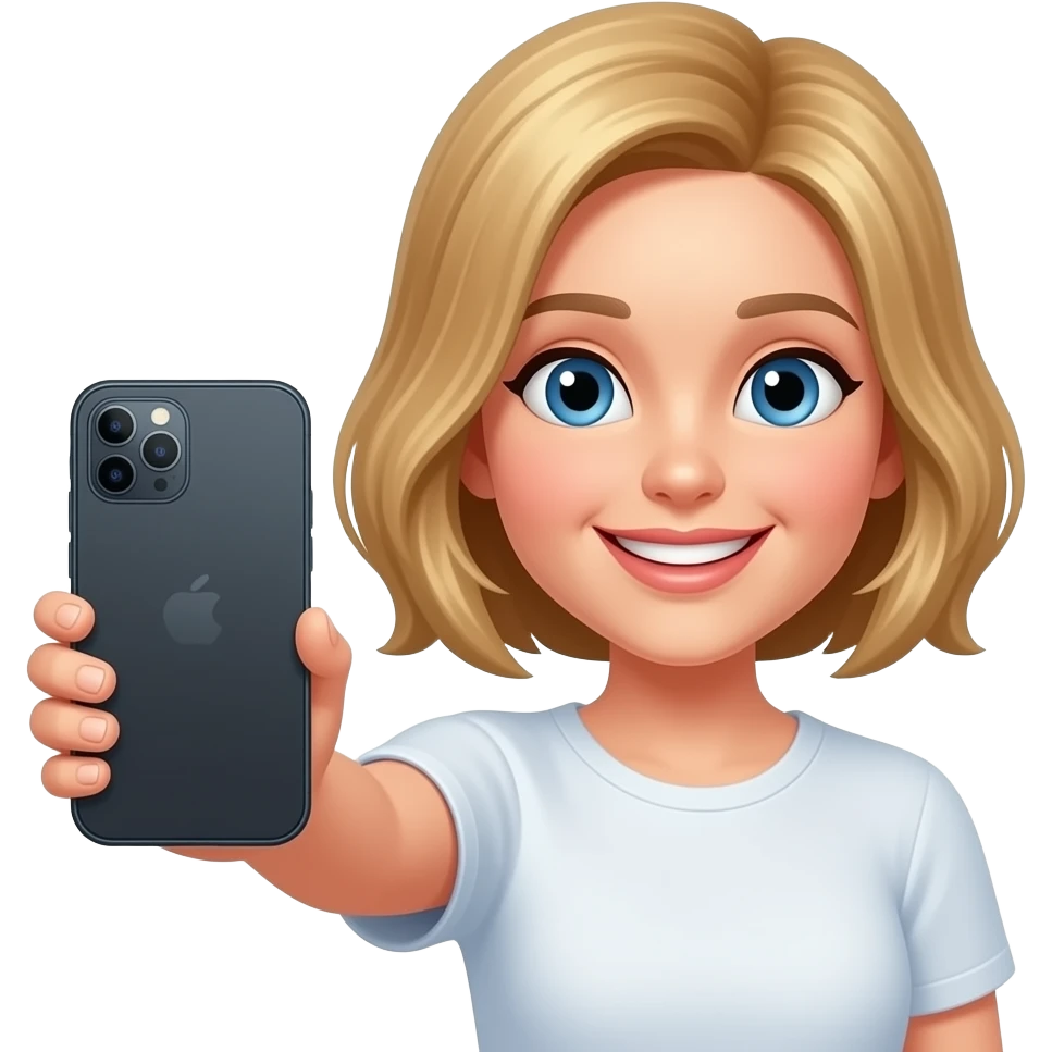 smiling lady with shortish blonde hair showing her phone emoji
