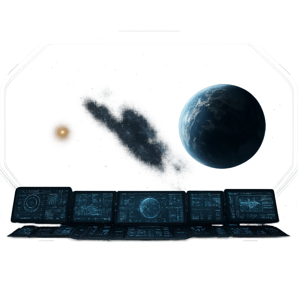 a sophisticated starcruiser command deck viewing port, the viewscreen is alpha-transparent, no chairs, multiple screens emoji