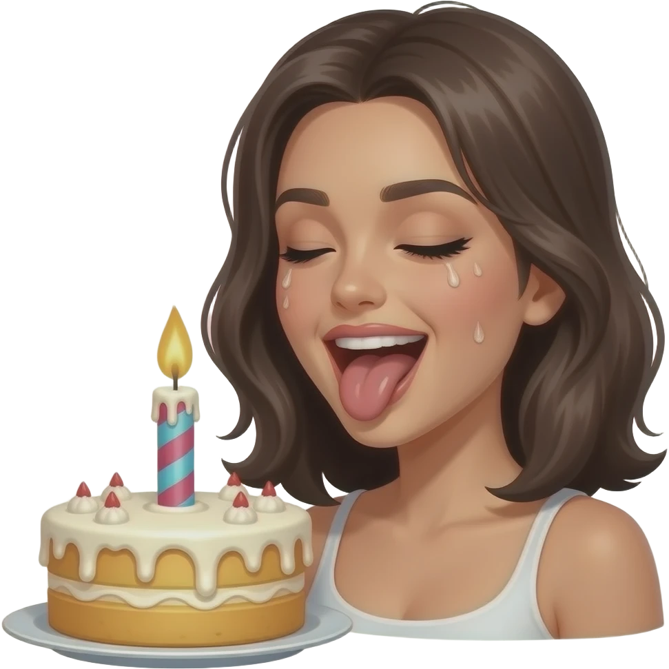 sexy girl mouth open sticking tongue out  with her eyes closed with a pleasure gesture  and feels too hot so shes sweating and dripping sweat close to a  fat and giant single candle dripping a lot of  white wax on top of  a birthday cake emoji