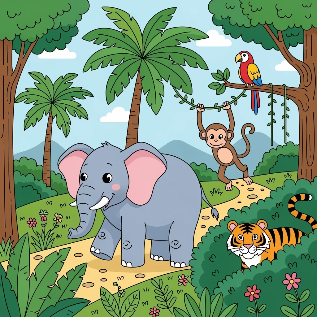 hand drawn digital illustration of jungle safari in the style of children's illustration emoji
