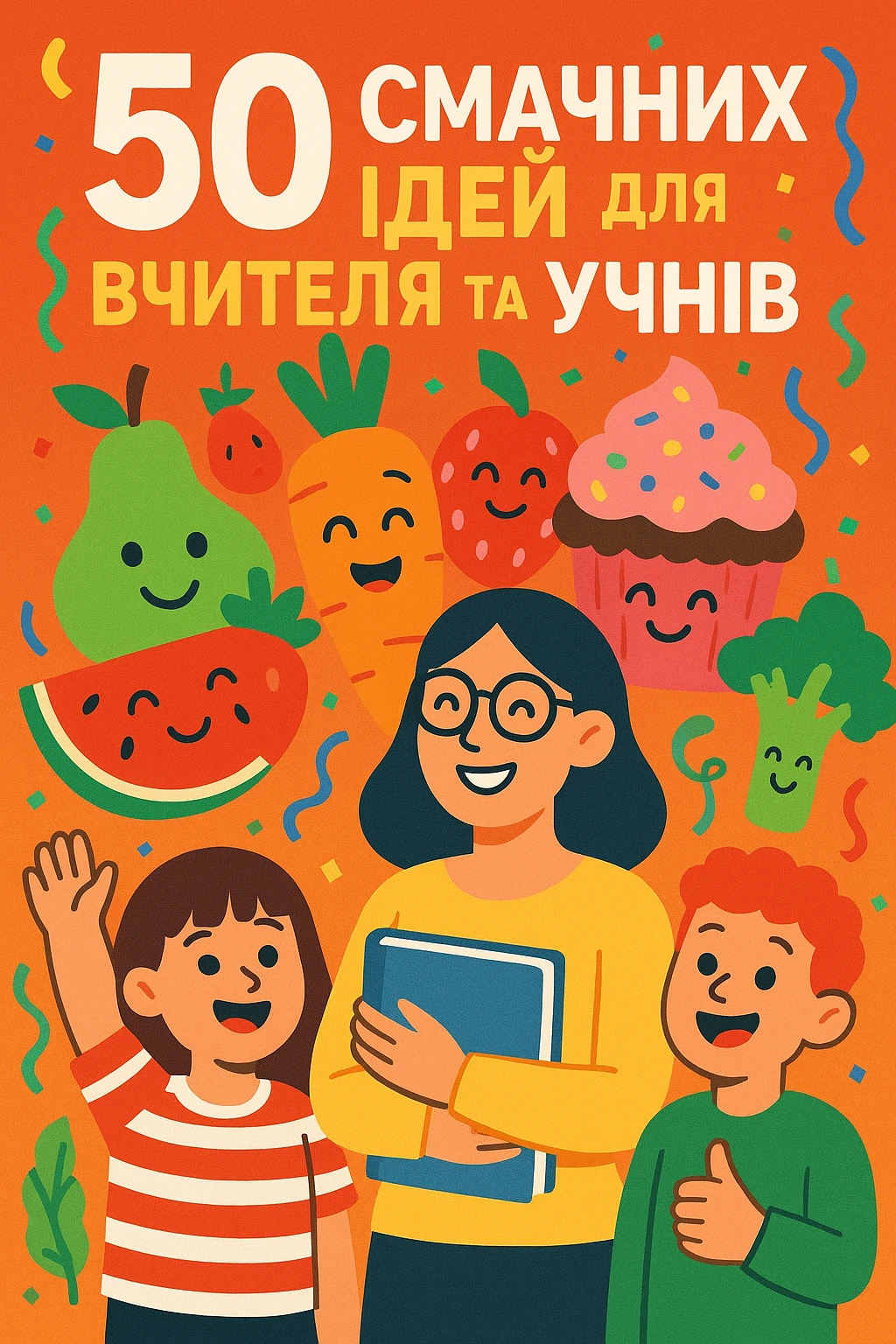 Обкладинка посібника з текстом українською мовою: «50 смачних ідей для вчителя та учнів». Мультяшний стиль, яскраві кольори, веселі ілюстрації їжі (фрукти, овочі, десерти), усміхнені вчитель і учні, святкова атмосфера, сучасний вигляд. emoji