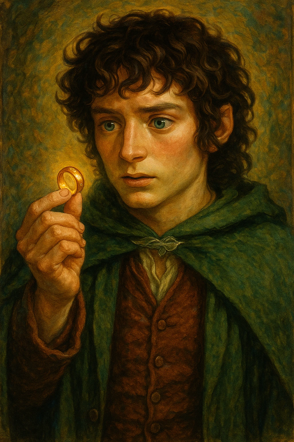 Frodo Baggins, a hobbit with curly hair, wearing a green cloak and holding the One Ring, fantasy illustration style emoji
