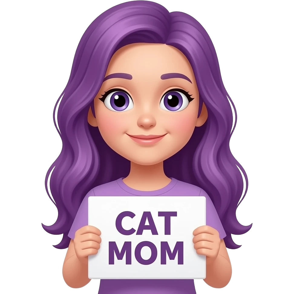 girl with long purple hair with a CAT MOM sign emoji