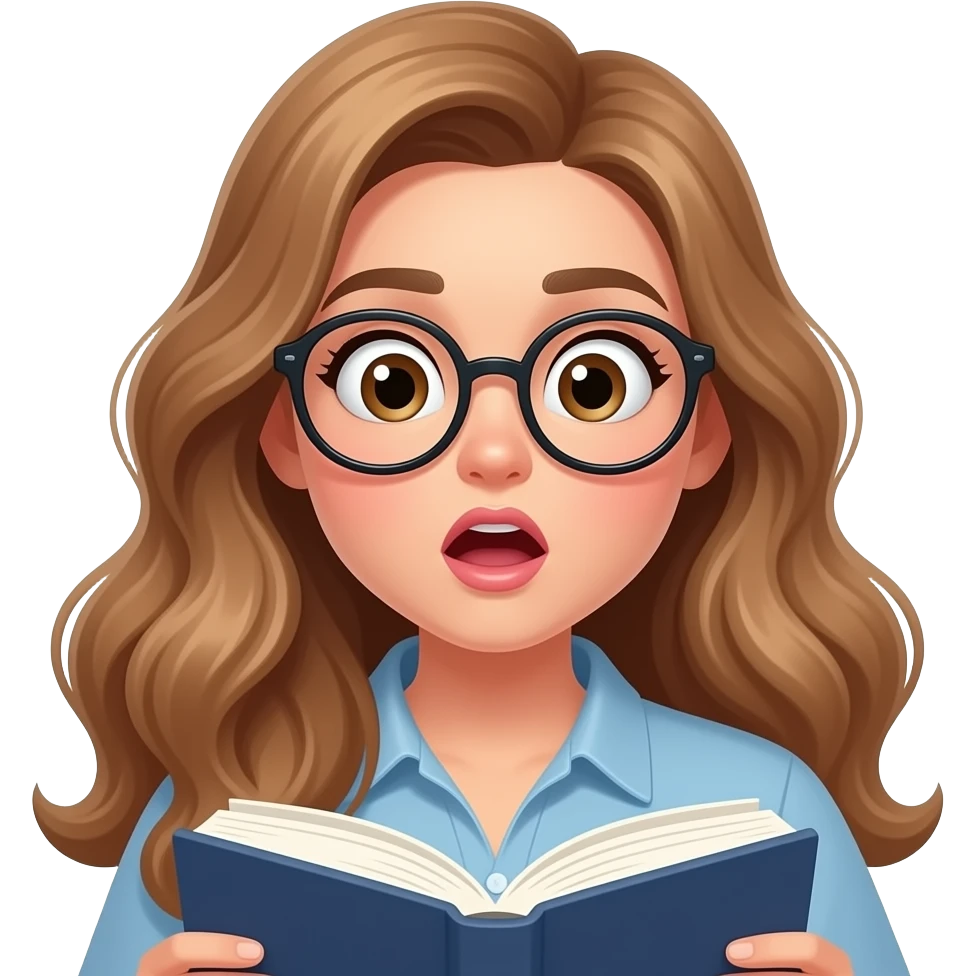 detailed emoji illustration of a curvy woman with long light brown wavy hair, light brown eyes and round glasses reading a book with a shocked expression, surprised by the story, cute emoji style emoji