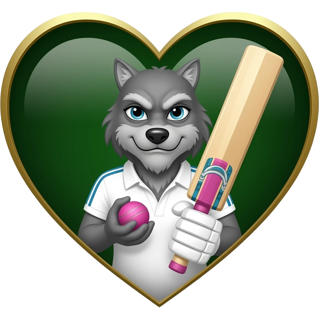Dark Green and gold heart background with a grey female adult scary werewolf wearing cricket clothes holding a pink cricket ball and cricket bat emoji
