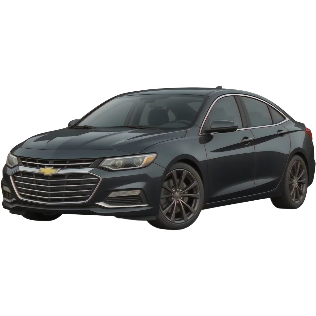 A realistic icon emoji of a metallic black sedan Chevrolet Malibu 2.0L Turbo Premier, dark charcoal tint windows, black alloy 5-spoke rims, Dynamic amber glow LED headlights with sharp laser-beam effect emoji