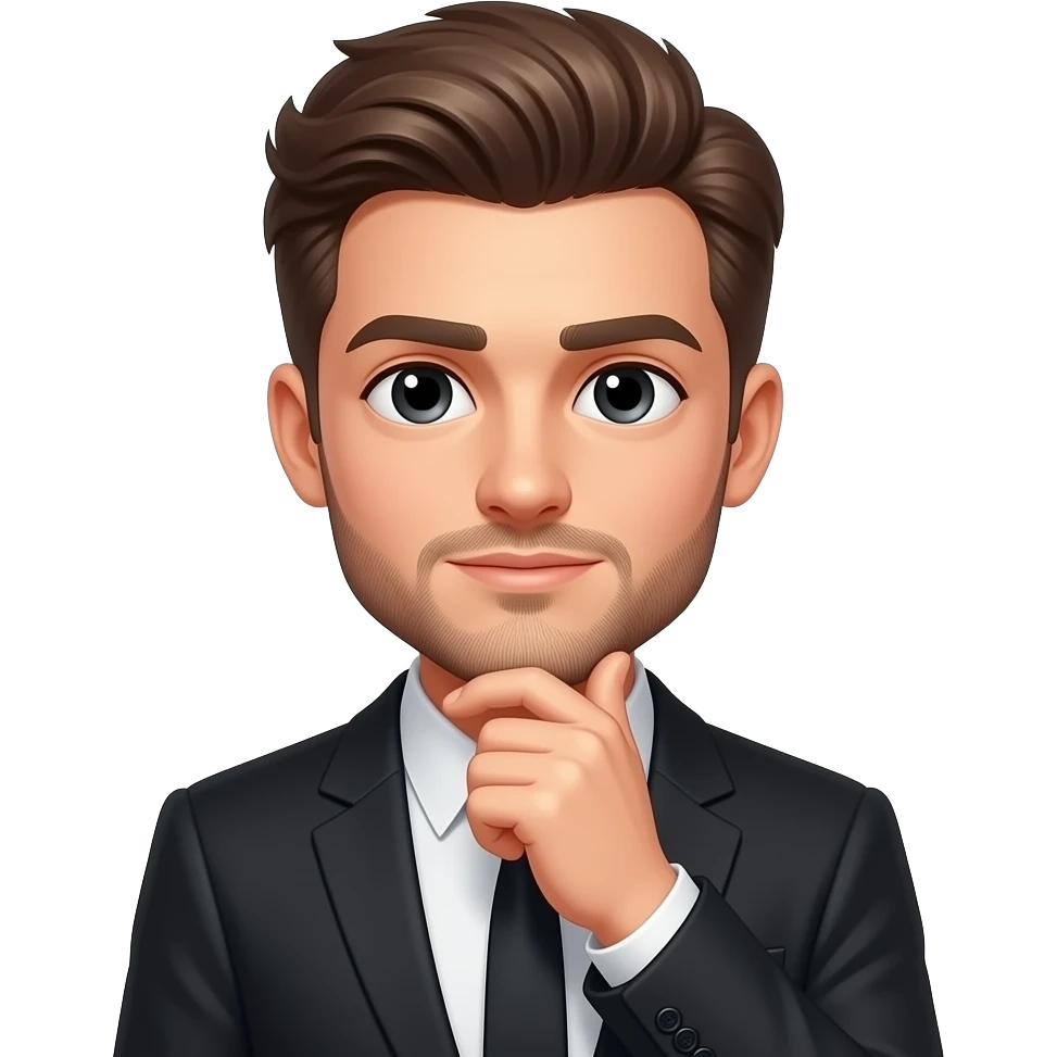 /little-grown-beard-freshly-shaven-brown-hair-and-eyes-black-suit-jacket-black- thinking and realizing something face emoji