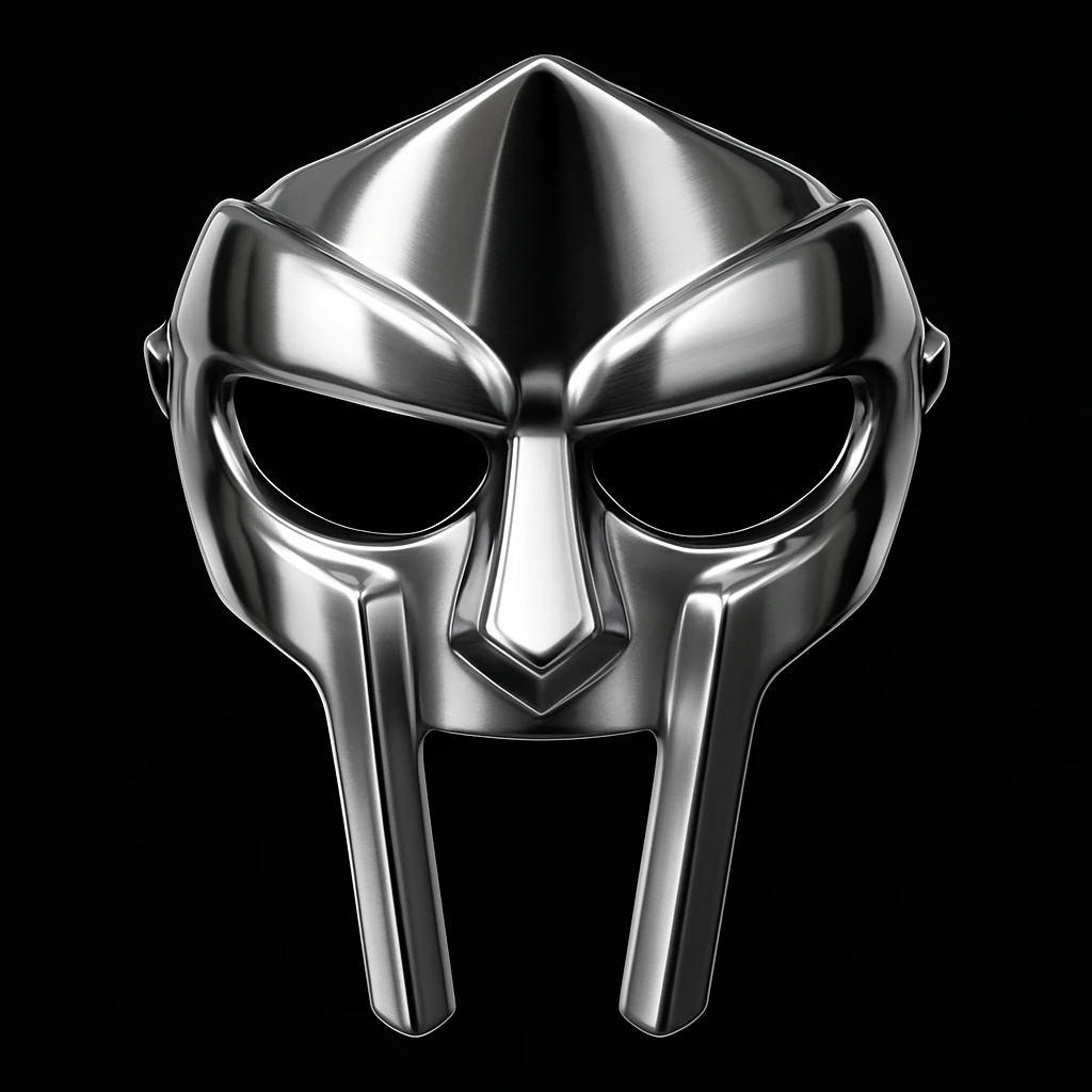 Create a metallic silver gladiator-style mask emoji with sharp, angular lines, a high forehead, deep eye cutouts, and a long vertical nose bridge that splits into two bars below the mouth. The mask should have a chrome-like shine, be symmetrical, intimidating, and sleek, closely matching the reference image. No background. emoji