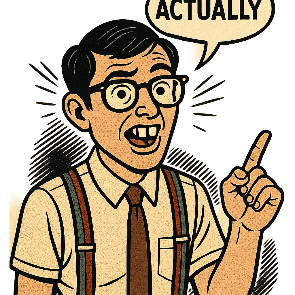 a nerdy person with buck teeth, glasses, and suspenders saying 'actually', comic style emoji