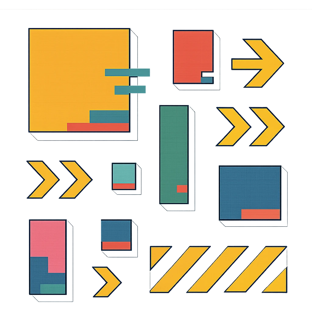 a graphic design wallpaper with various sizes of brightly colored glitchy rectangles, various repeating stylized arrows, and caution bars stripes - neobrutalist glitchpunk linear, TIDY angles, SPARSE MINIMALISM emoji