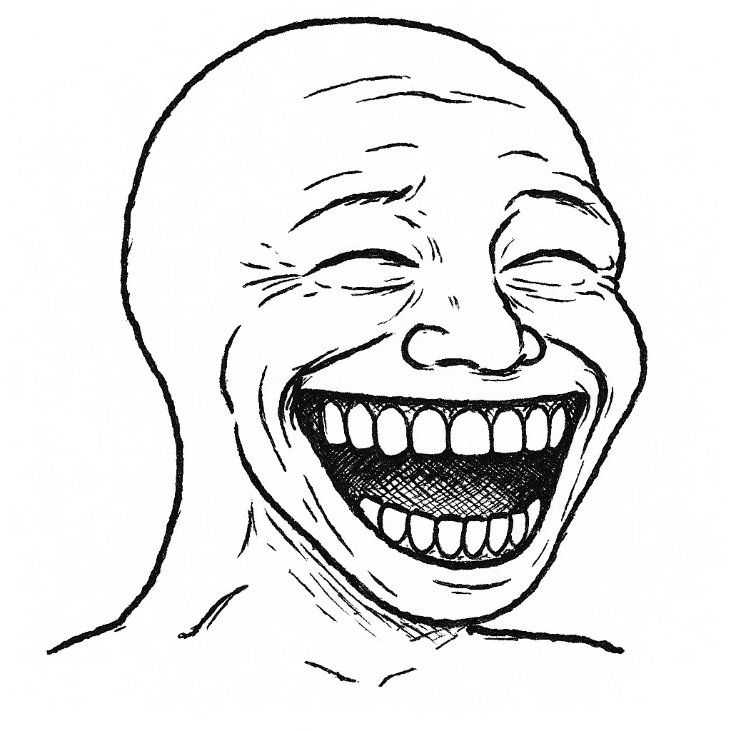 嘴巴大笑：
"角色笑得非常夸张，嘴巴裂得大大的，露出大牙齿，眼睛微微眯起，脸颊因为笑而鼓起，脸上洋溢着极度欢乐的表情” emoji