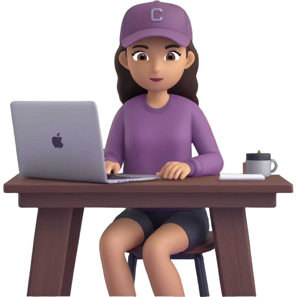 young woman with olive skin and long, dark brown hair, wearing a long-sleeved dark mauve shirt. She is wearing a black baseball cap.. She's sitting at a sleek wooden desk with a hardcover book, and to her right is a white coffee mug, while she looks and types on a silver MacBook.  emoji