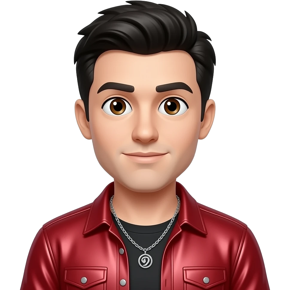 Markiplier with brown eyes, black hair, red metallic shirt, silver necklace emoji