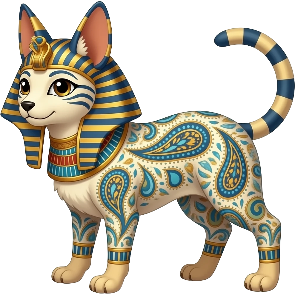 Damask-paisley-patterned ancient Egyptian Short-legged quadrupedal elegant oriental feral painted Absol-Glaceon-Sylveon-animal-Fakémon-fusion-hybrid-creature emoji