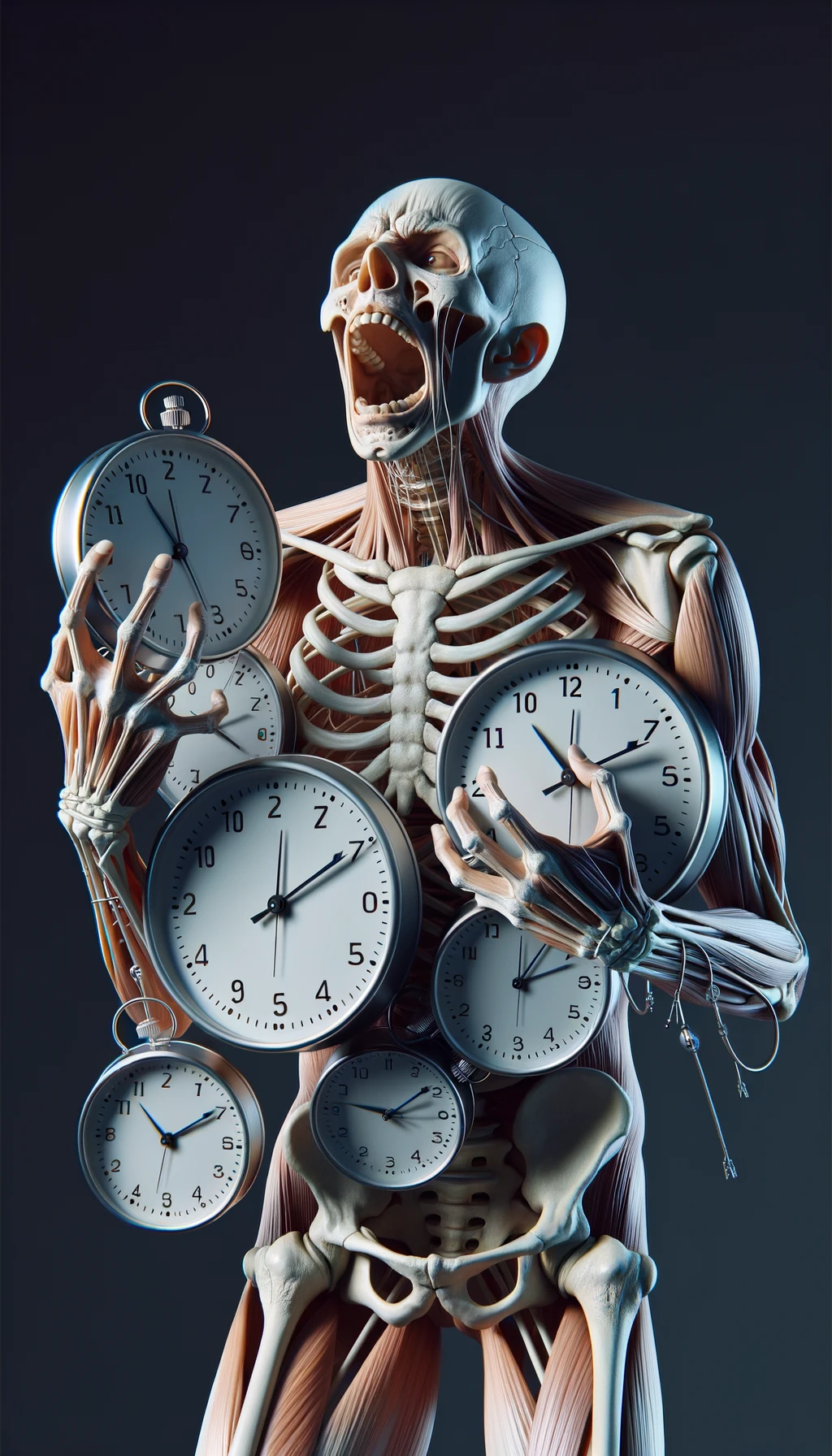 corpo umano anatomico CHE TIENE OROLOGI NELLE MANI E STA IMPAZZENDO PERCHé NON RIESCE A SVOLGERE TUTTE LE SUE ATTIVITà QUOTIDIANE: NON HA TEMPO, iperrealistico 4k emoji