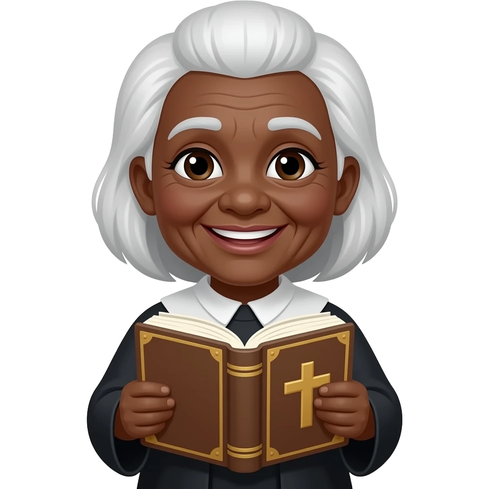 wise old woman with white hair black skin smile with book that has a cross on it emoji