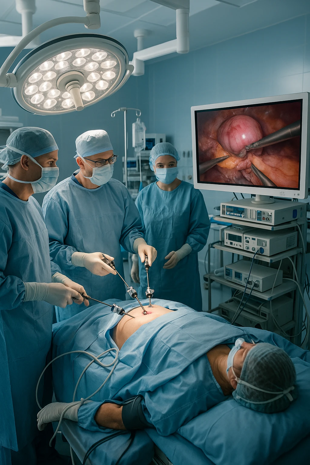 A realistic, clinical image inside a modern operating room during a laparoscopic cholecystectomy (gallbladder removal surgery). A team of surgeons in sterile gowns, masks, and gloves focus intently on the patient lying on the operating table. High-tech laparoscopic instruments are inserted through small incisions in the patient’s abdomen. On a large screen nearby, a close-up video feed shows the gallbladder being carefully dissected and removed using precise surgical tools. The environment is brightly lit with cool white surgical lights, and all medical equipment is clean and state-of-the-art. The mood is professional and sterile, conveying a sense of precision, care, and medical expertise. The patient is under anesthesia, covered with sterile drapes, with monitoring devices attached emoji