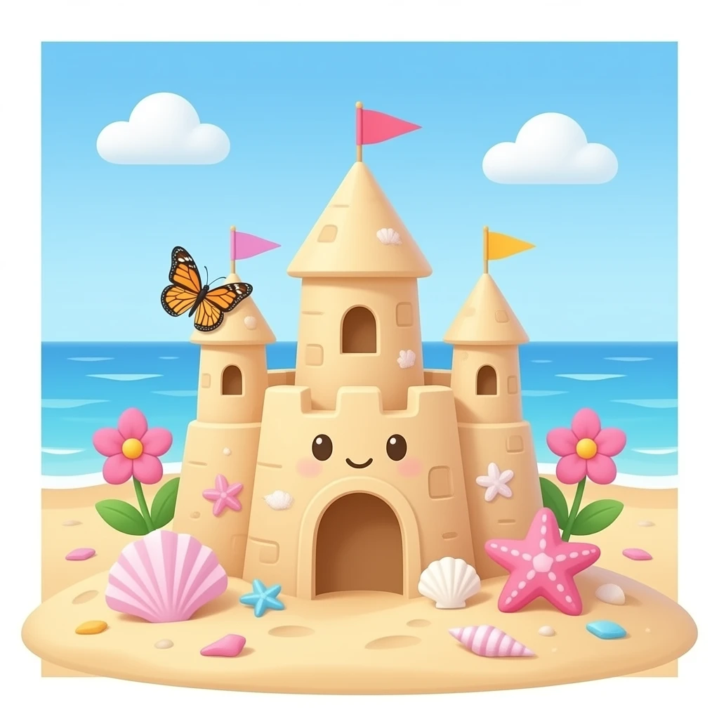 Cute pastel sandcastle on a beach, decorated with seashells, starfish, pink flowers, and a butterfly, whimsical fantasy style emoji