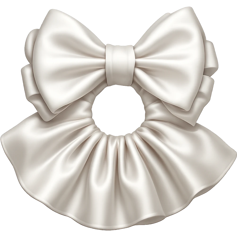 Make the white scrunchie with a bow look silkier in the style of emoji art, with no background. emoji