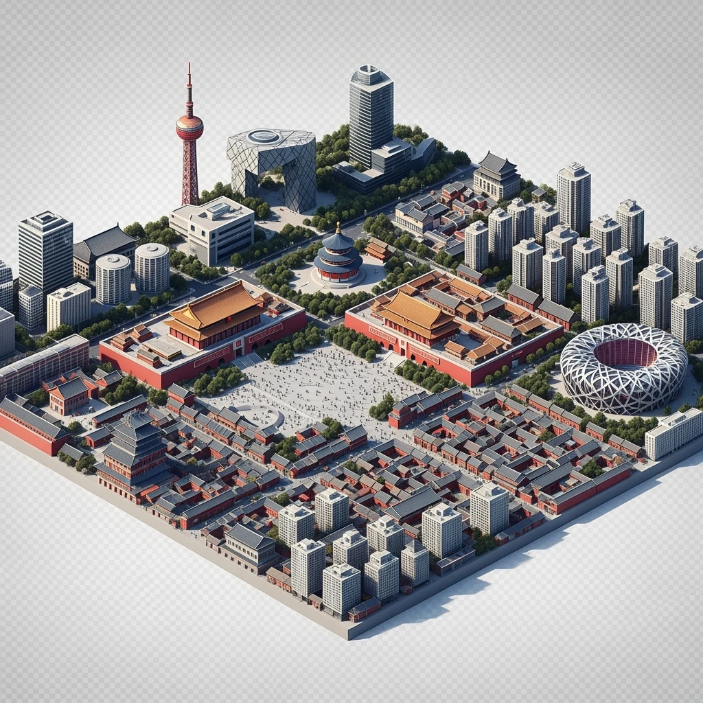 Isometric miniature of Beijing Forbidden City, Tiananmen Square, CCTV Headquarters, Temple of Heaven, Bird’s Nest Stadium and crowded hutong alleys, sprawling apartment blocks, 3D miniature effect and Tilt Shift effect, no cartoonish look, transparent background. emoji