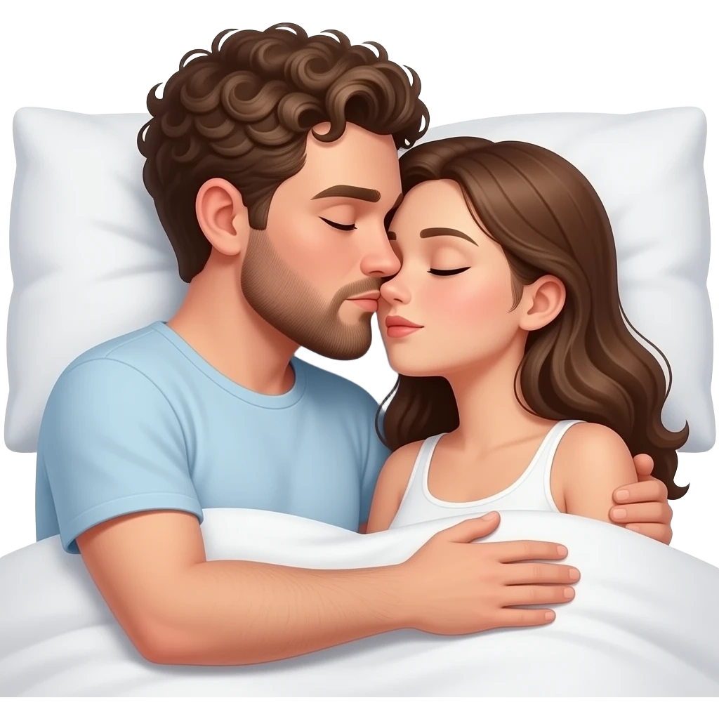 Realistic white man brown super short curly hair with beard high nose bridge kissing while sleeping in bed realistic white girl brown hair emoji