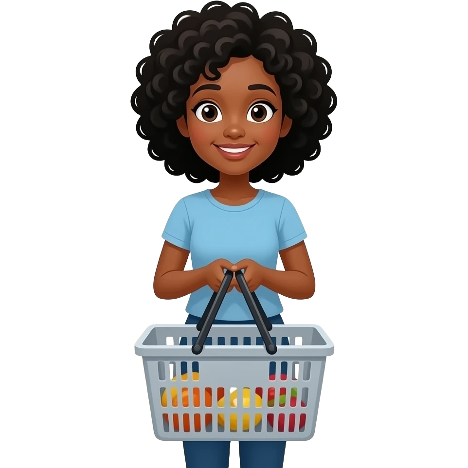 A medium-dark skinned woman with black curly hair at the grocery store emoji
