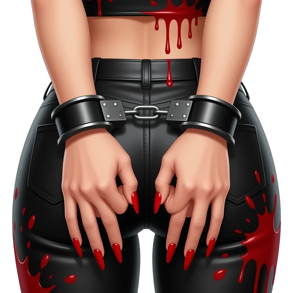 Sexy Woman’s clenched with long red nails behind back in black leather hand cuffs splattered all over  close-up emoji