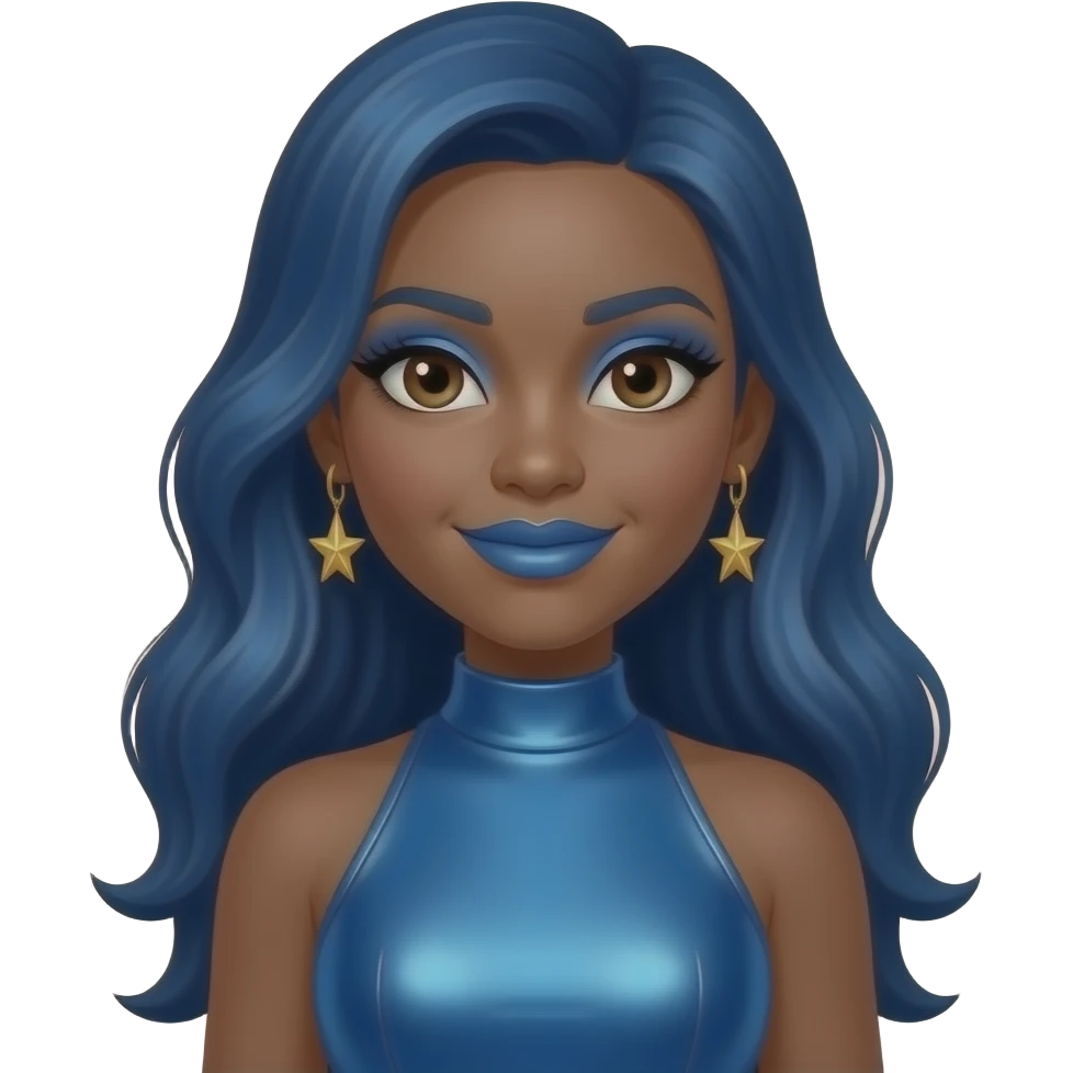 Zonnique "Star" Pullins from OMG Girlz with dark skin, dark brown eyes, long blue hair, blue eyeshadow, blue lipstick, blue metallic high neck dress, earrings emoji