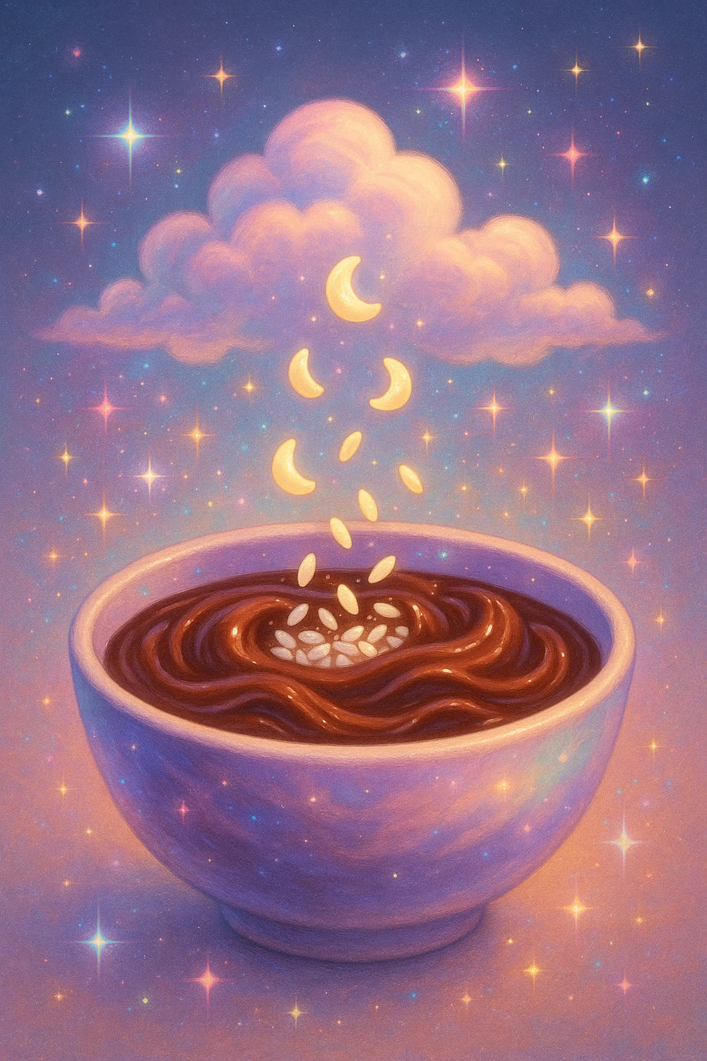 surreal champorado emoji with bowl morphing into clouds, chocolate waves, rice grains turning into tiny moons, magical atmosphere emoji