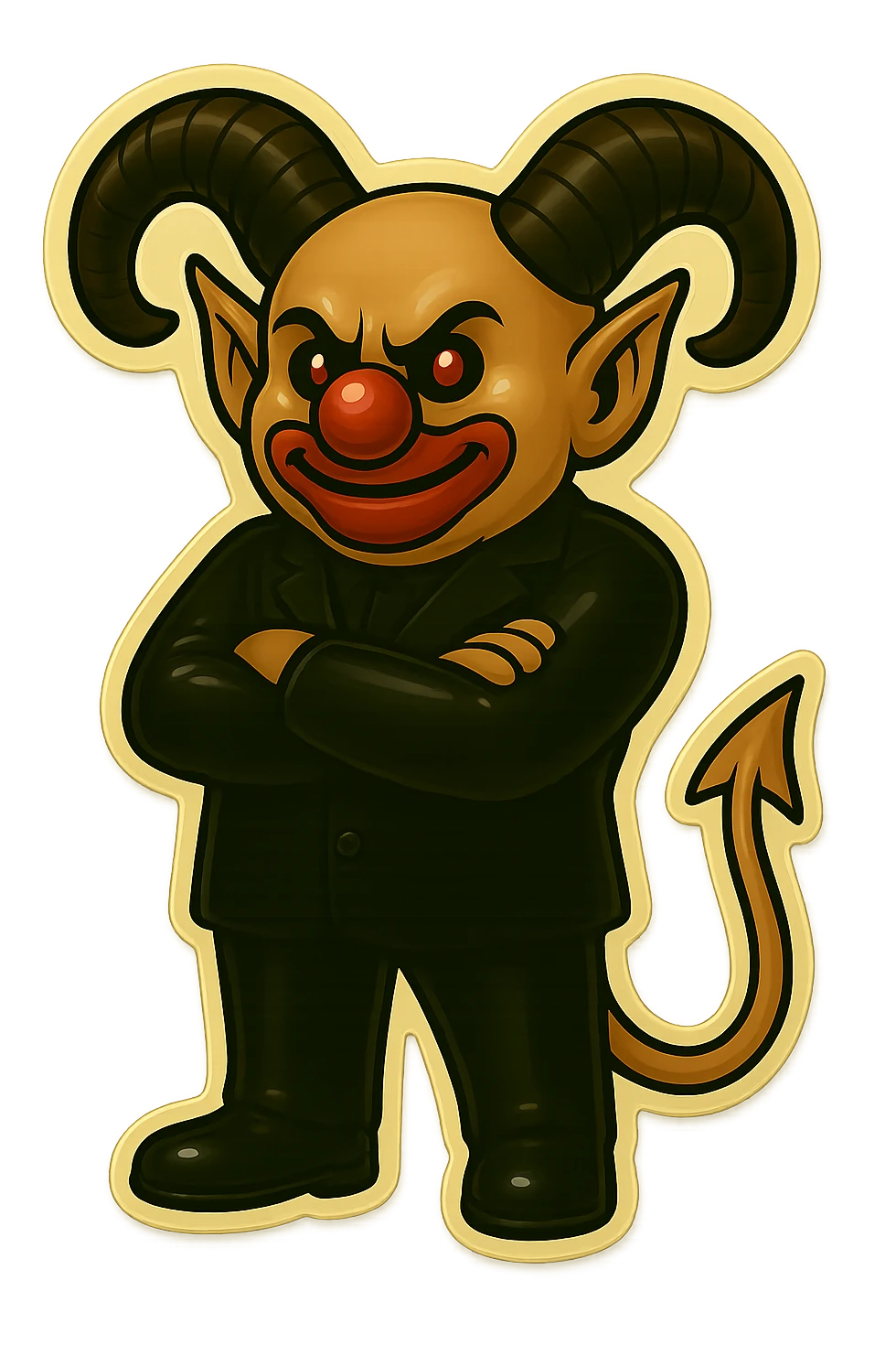 Evil clown wizard in retro sticker style, transparent background, wearing an all black suit, no pentagrams, using the face, horns, and tail from the reference image. Pose: arms crossed, confident stance, clean modern sticker look. emoji