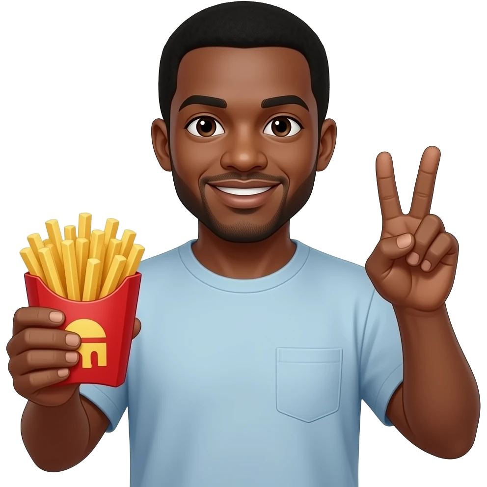 🧍🏿‍♂️black guy holding french fries and throwing up a peace sign emoji