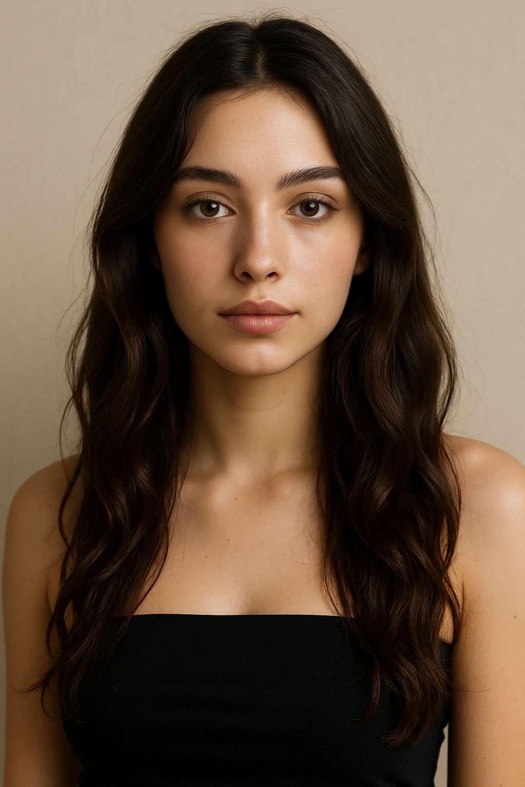 upper body portrait of a girl with dark brown long wavy hair, hazel eyes, wearing a black tube top, neutral background emoji