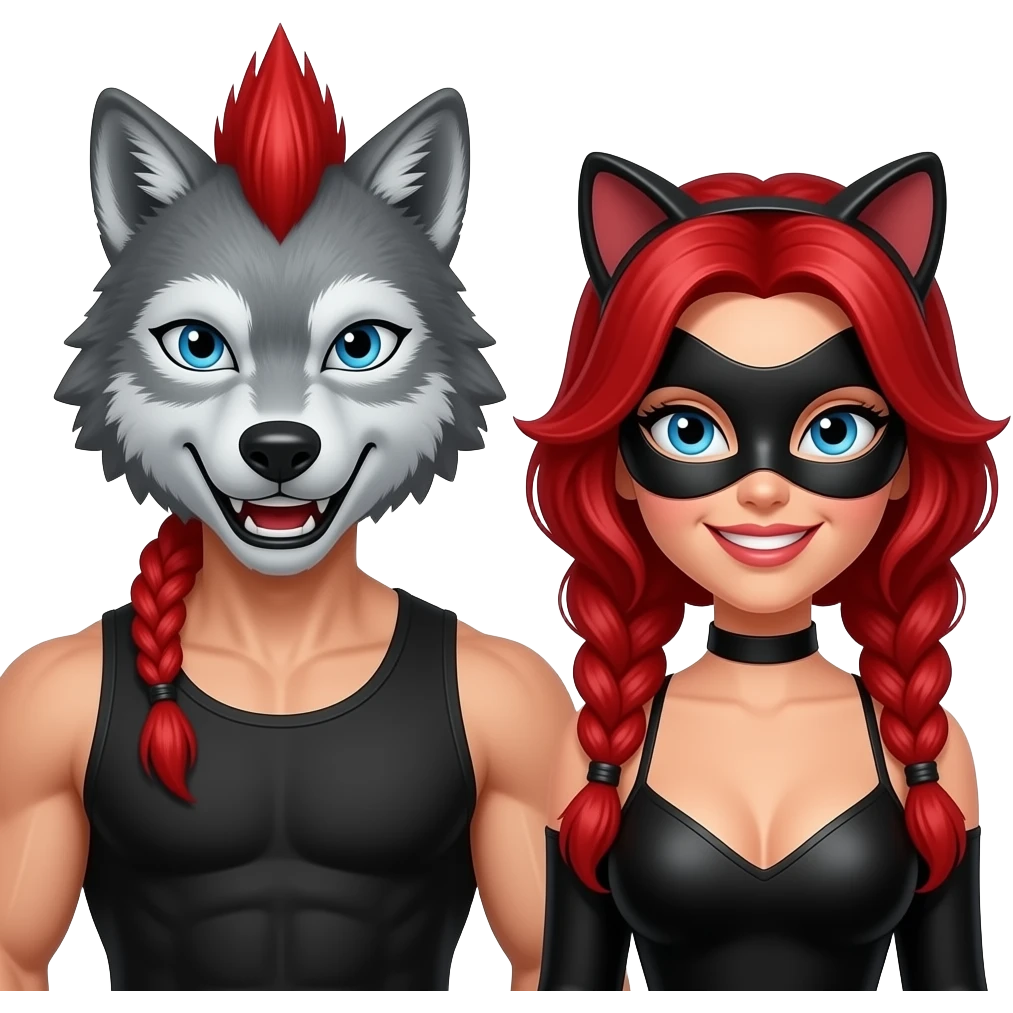 Two Humans with Wolf (male) and Cat (female) masks grinning slyly. Wolf is an athletic male, cat is a voluptuous female. Wolf has a long red braid and a Mohawk, while the female cat has red hair braided in two. In the style of a video game "The Wolf Among Us". emoji