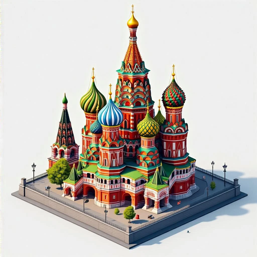 Isometric illustration of Moscow, featuring photorealistic Saint Basil's Cathedral with colorful onion domes, highly detailed in semi-realistic style, balanced between stylized and realistic, 3D miniature effect with a slight hand-painted touch - transparent background emoji
