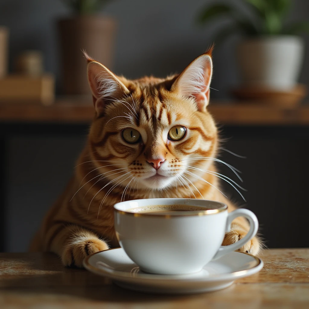 realistic cat drinking a cup of coffee, cozy atmosphere emoji