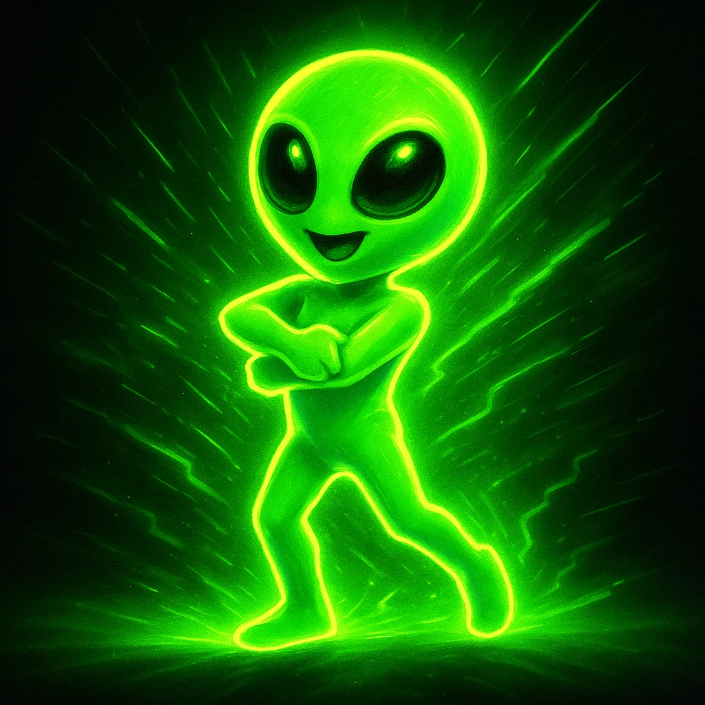 An alien dancing in neon green with an energetic pose and glowing effect, in a modern style. Emphasize the energy and neon green glow in a contemporary look. emoji
