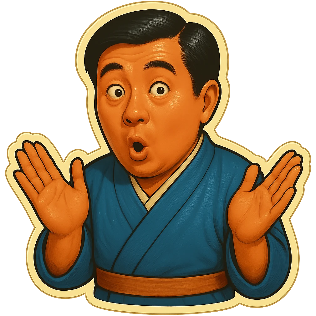 The same Japanese man in traditional kimono looks at the viewer with a surprised look, and his hands are empty emoji