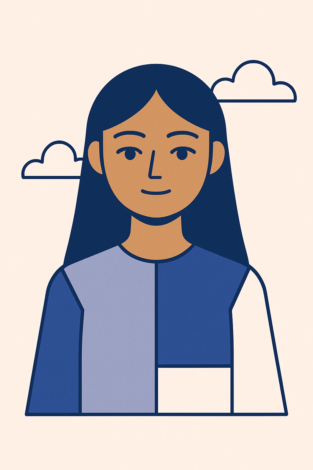 modern illustration of a girl with black straight hair and light brown skin, neutral expression, simple background emoji