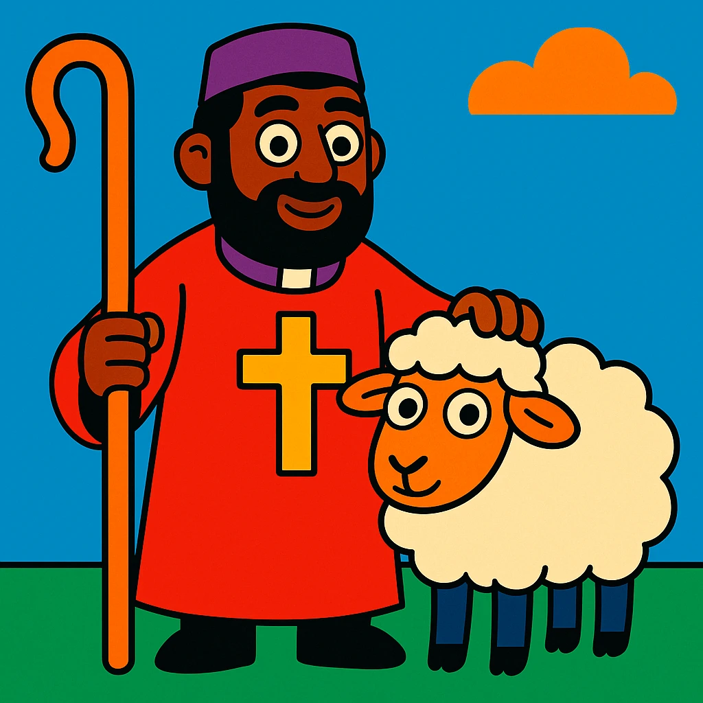 pastor con oveja, estilo cartoon vibrante, colores vivos, fondo simple emoji