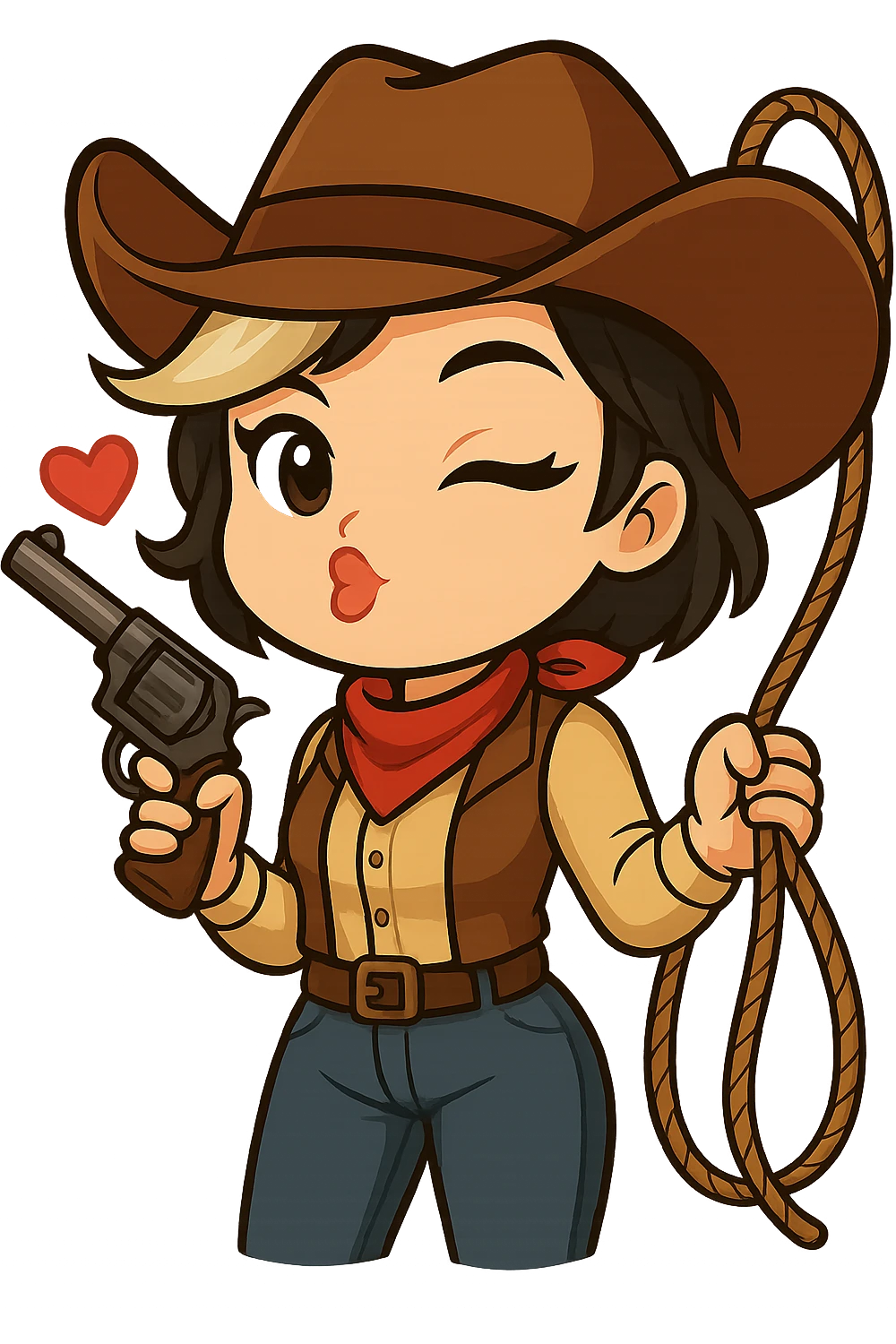 Edit this chibi cowgirl so she is holding a rope (lasso) in her left hand, as if she's just blown a kiss. Keep the new anime-style eyes, pose, winking and blowing a kiss expression, outfit, right gun, and all other details unchanged. Maintain the chibi stickers style and transparent background, sized for Twitch or Discord use. emoji