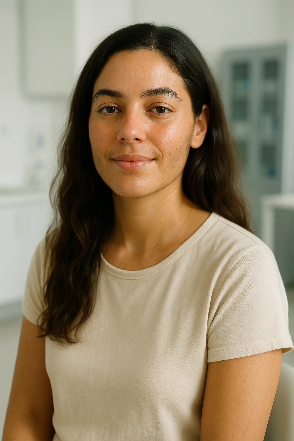 realistic portrait of a woman with PCOS who is well, vital and serene appearance, glowing skin, healthy hair, relaxed posture, clinical atmosphere, natural lighting, vertical 2:3, no text emoji