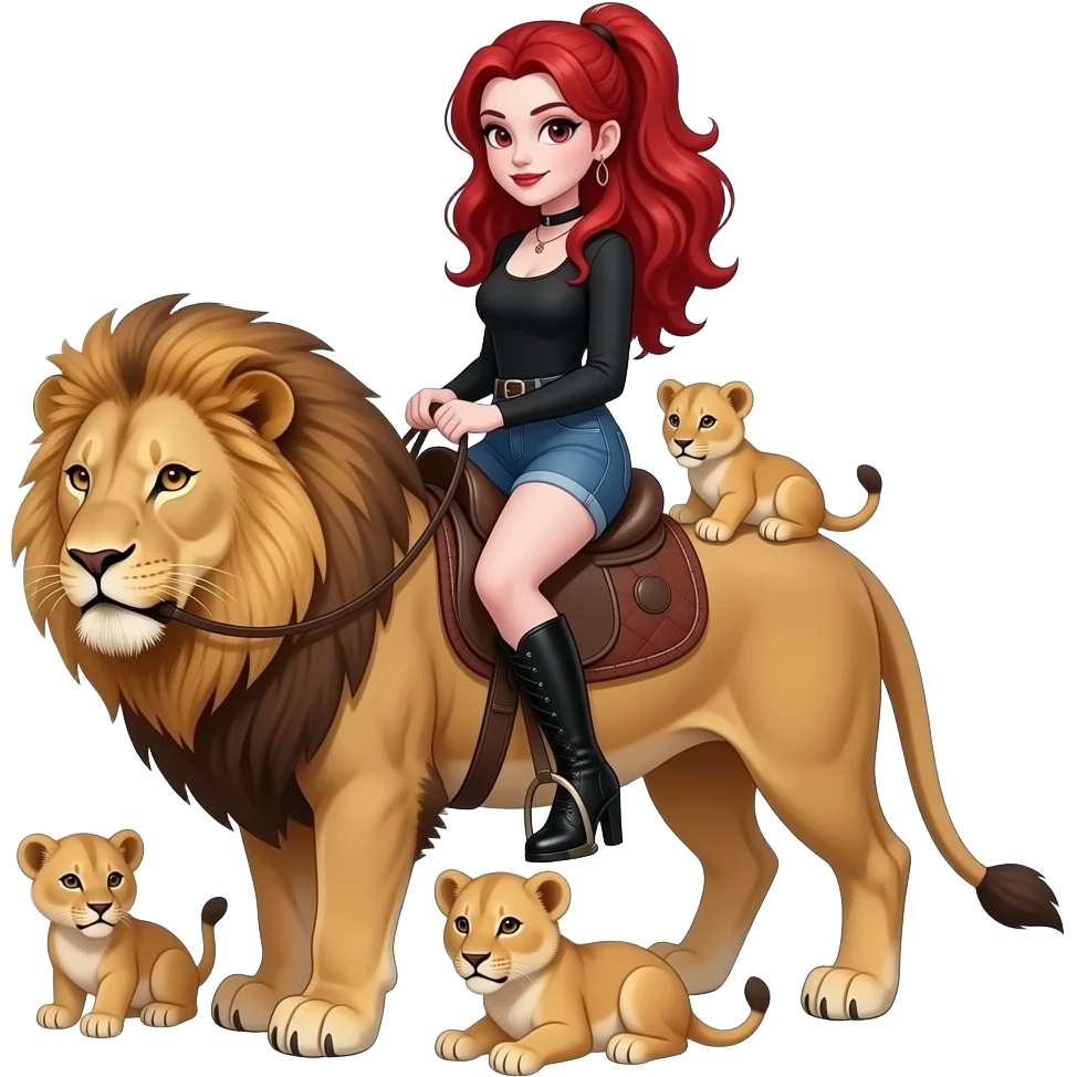 Vampiro femmina ADOLESCENTE con pelle bianca e capelli rosso ondulati lunghi raccolti in una mezza coda che indossa dei jeans corti un top nero con maniche lunghe e degli stivali lunghi con tacco che cavalca un leone insieme ad dei CUCCIOLI di leone emoji