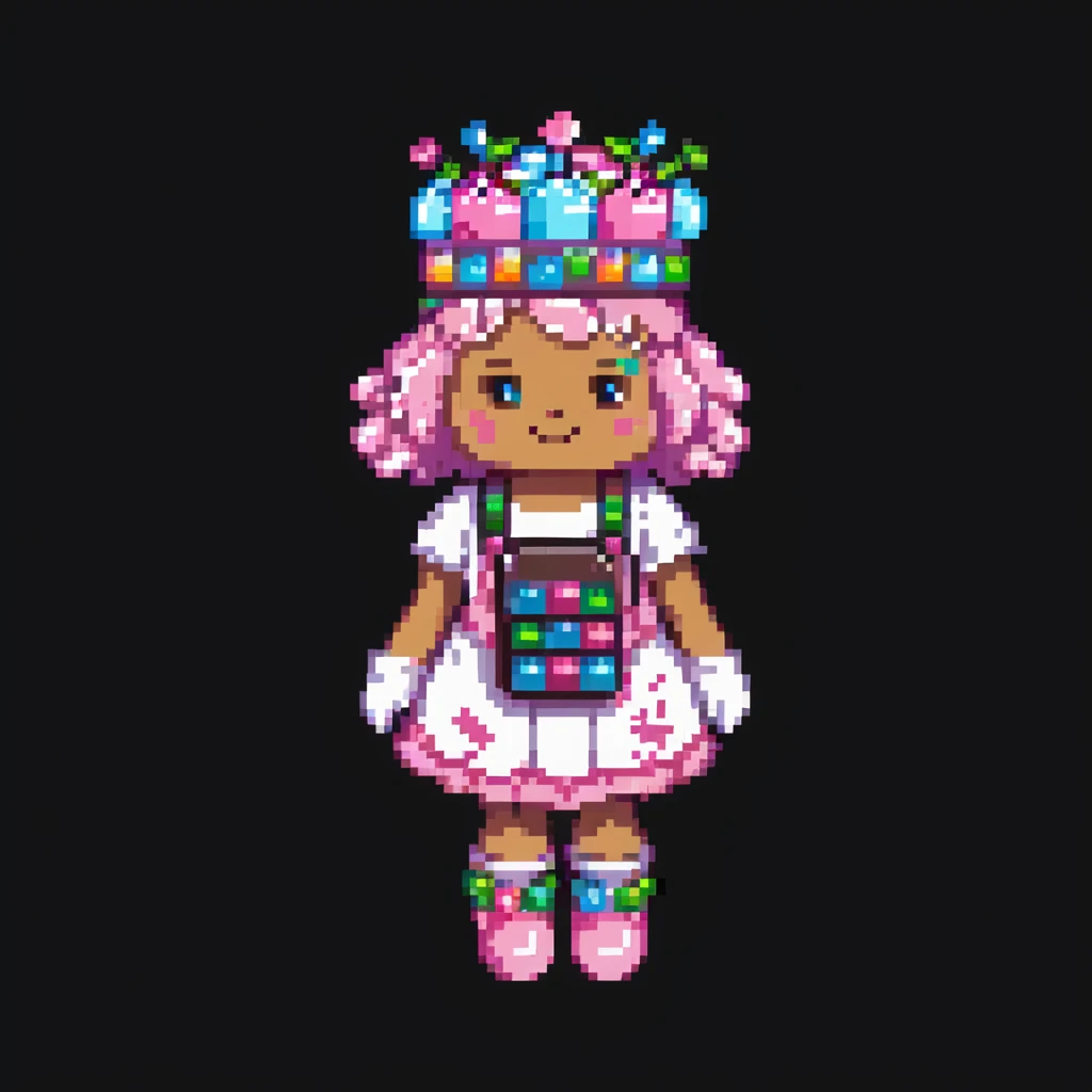 Portrait of a baker dressed in pink candy-themed clothes, gummy bears on his sleeves, rock candy crown, marshmallow gloves, skeuomorphism style emoji