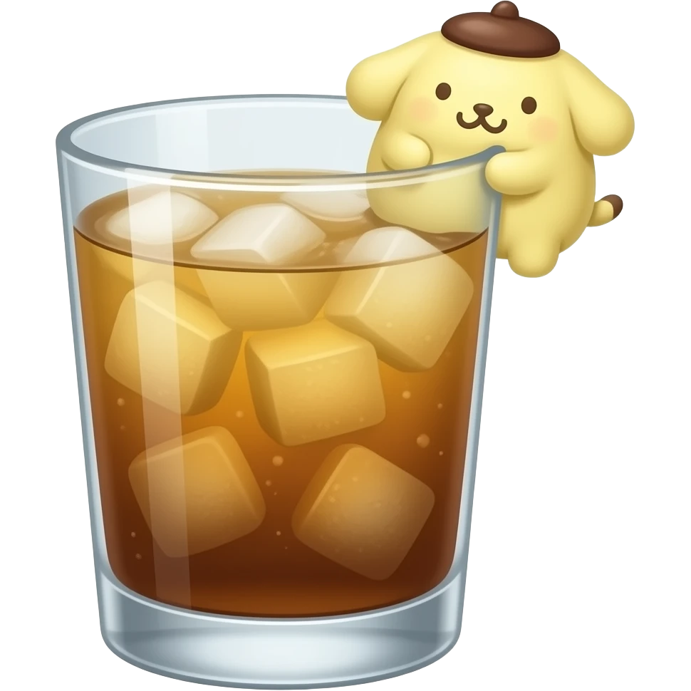 pompompurin the sanrio character themed yellow and brown colored cocktail in poco grande glass with actual illustration of pompompurin as a garnish emoji