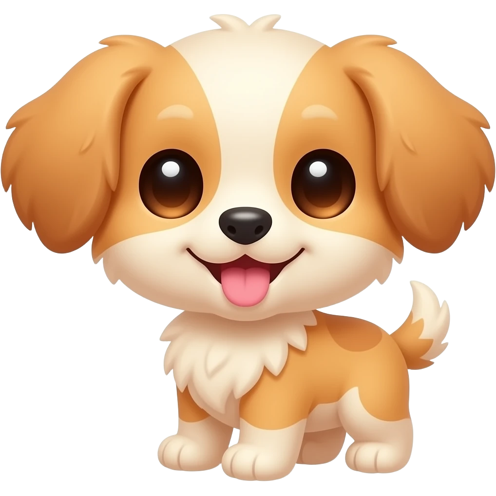 Adorable chibi-style puppy boy emoji, anime dog girl with fluffy floppy dog ears and a wagging tail, big sparkling eyes, happy playful expression with tongue slightly out, simple rounded emoji face, clean white background, vibrant colors, kawaii aesthetic, minimal details, high quality emoji