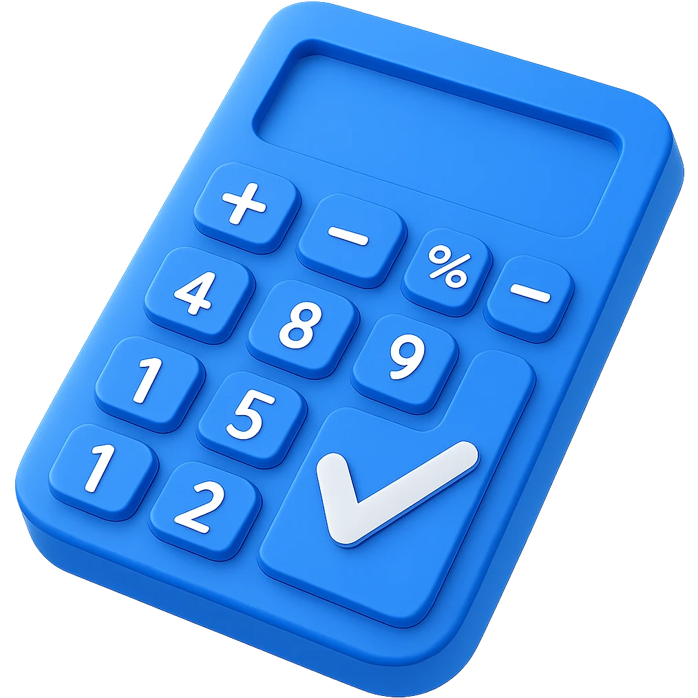 Change the calculator and check mark to a 3D blue style, keep the arrangement the same, with no background. emoji