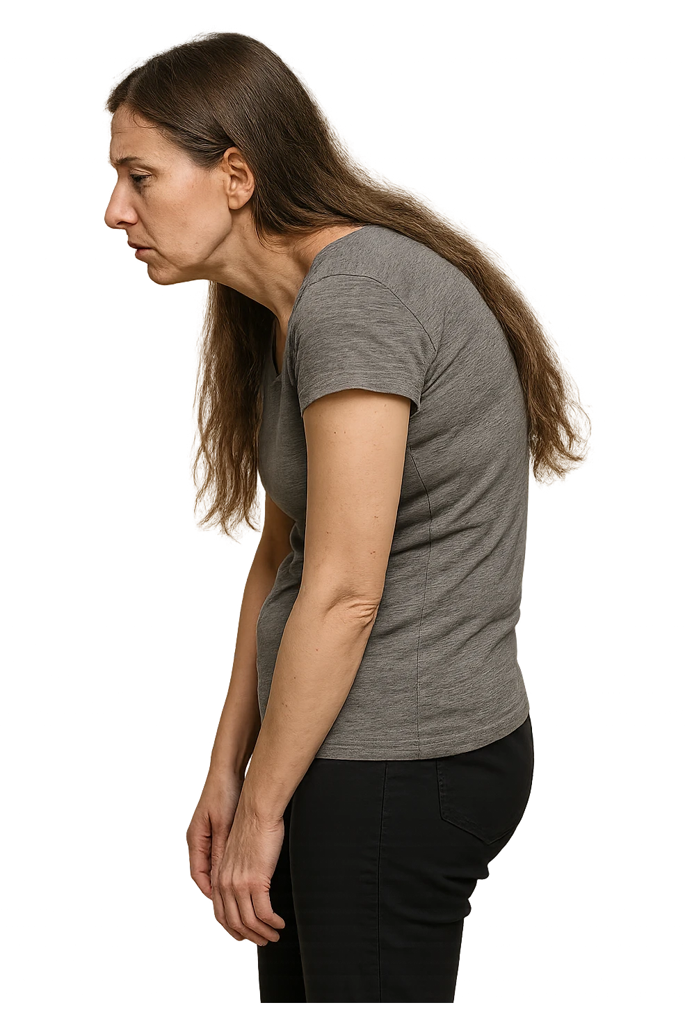 fai immagine identica ma di una donna con capelli lunghi, iperrealistico 4k, postura storta con spina dorsale storta emoji