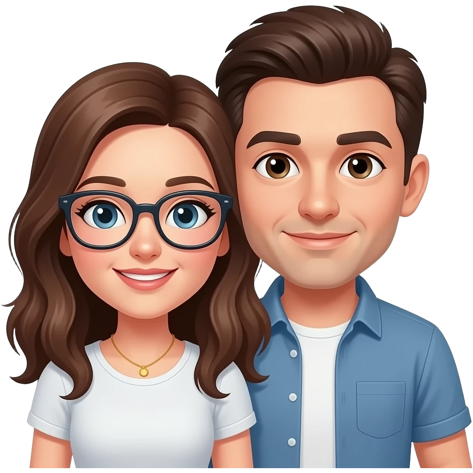 Woman with brown hair and glasses, man with brown hair, couple, in love emoji