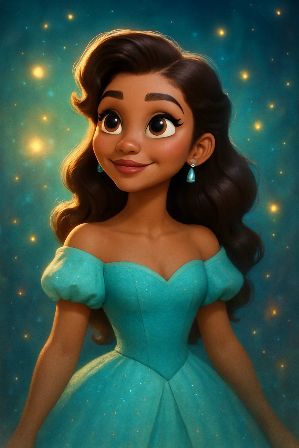 Zendaya reimagined in a 3D classic Disney look, with a whimsical, fairytale-inspired dress, large expressive eyes, and a magical aura emoji